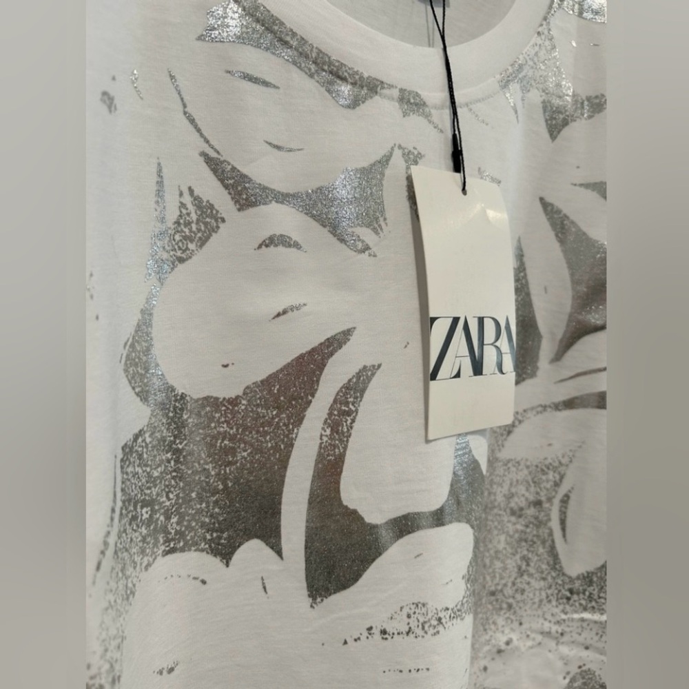 Zara Silver Metallic Floral Foil White T-shirt | Short Sleeves | XL | NWT - Picture 10 of 15